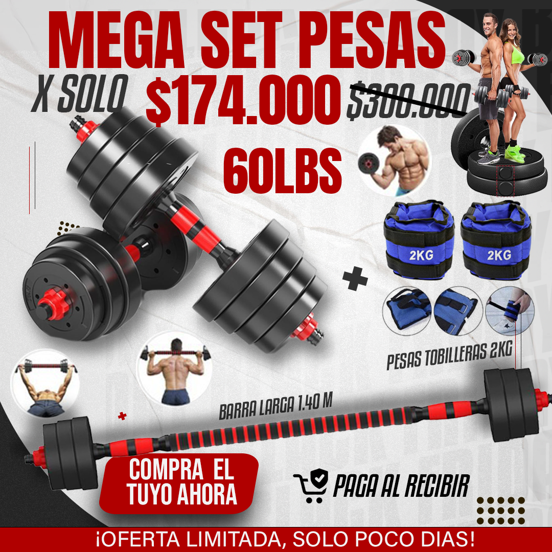 super kit pesas 60 libras + pesas tobilleras + barra larga 1.40 M