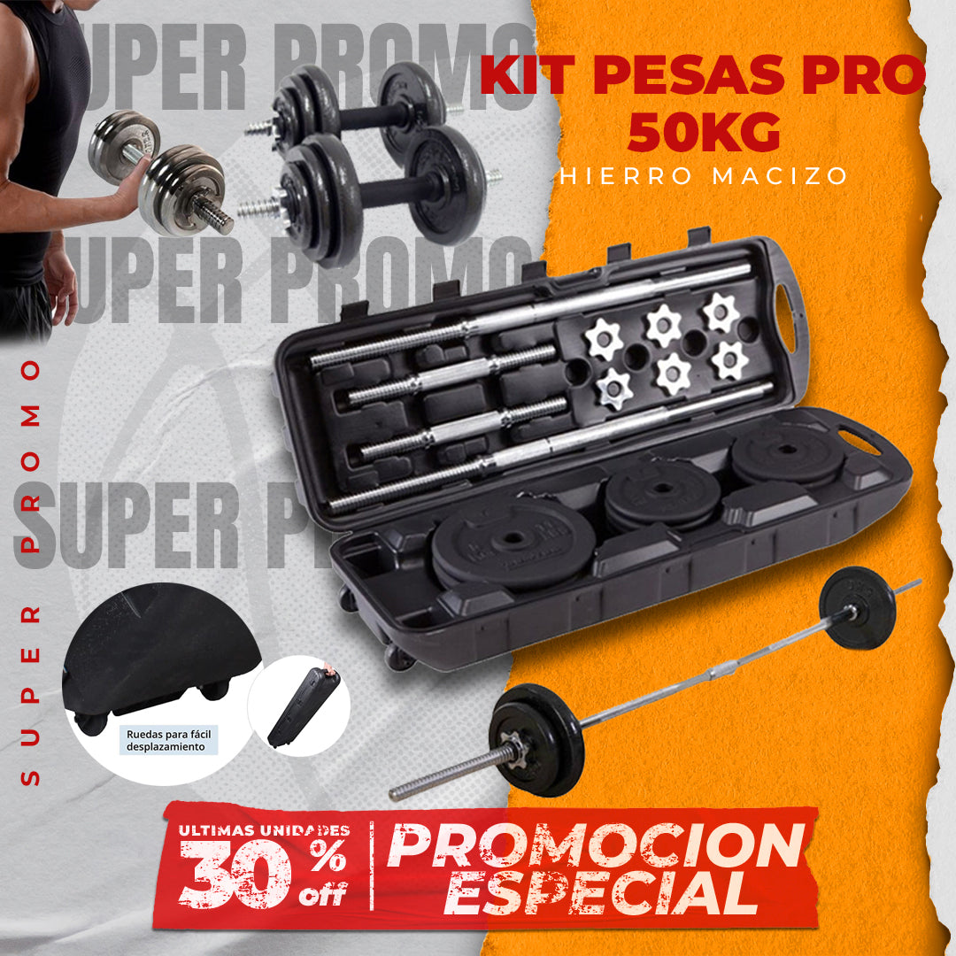 Kit pesas 50 Kilos en hierro con estuche barra larga 1,50